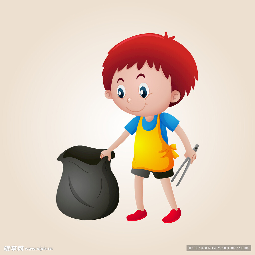 小男孩手持工具准备捡垃圾