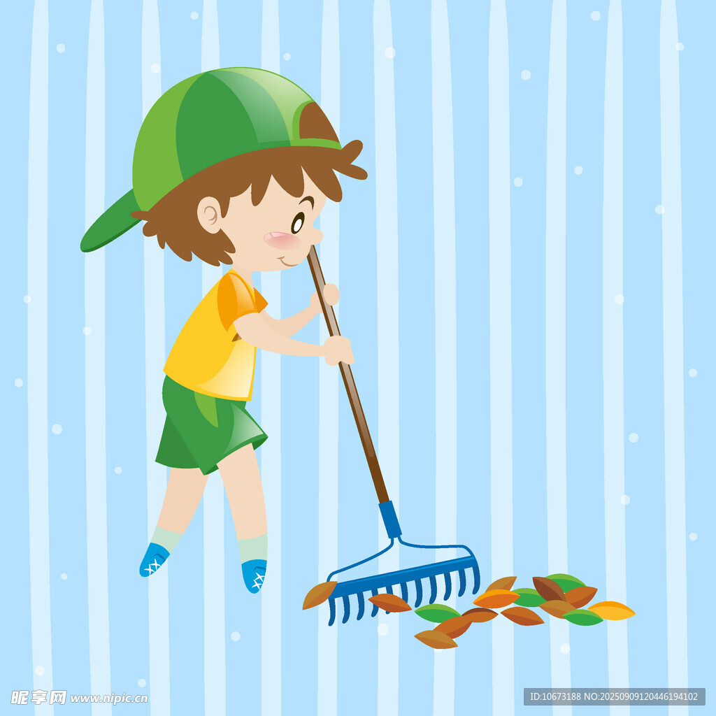 小男孩手持耙子清理落叶