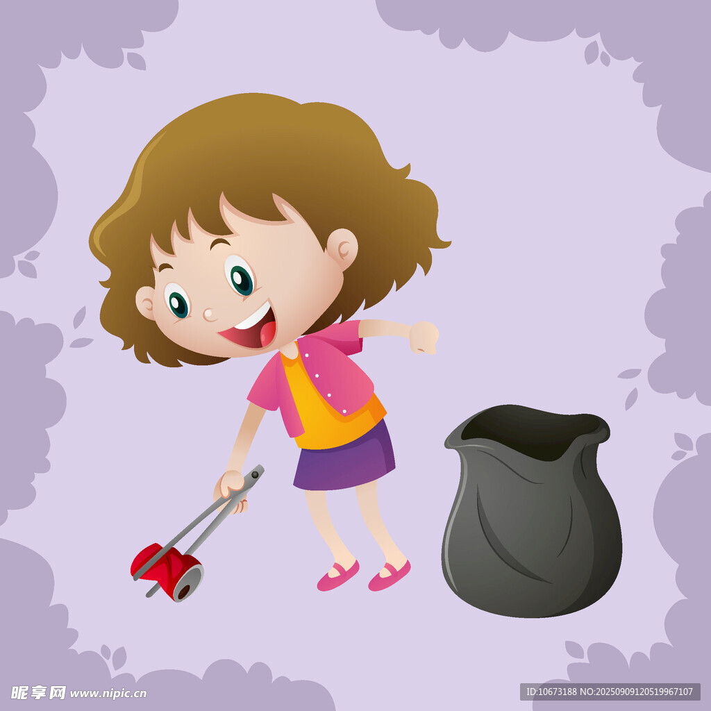 小女孩开心地清理垃圾