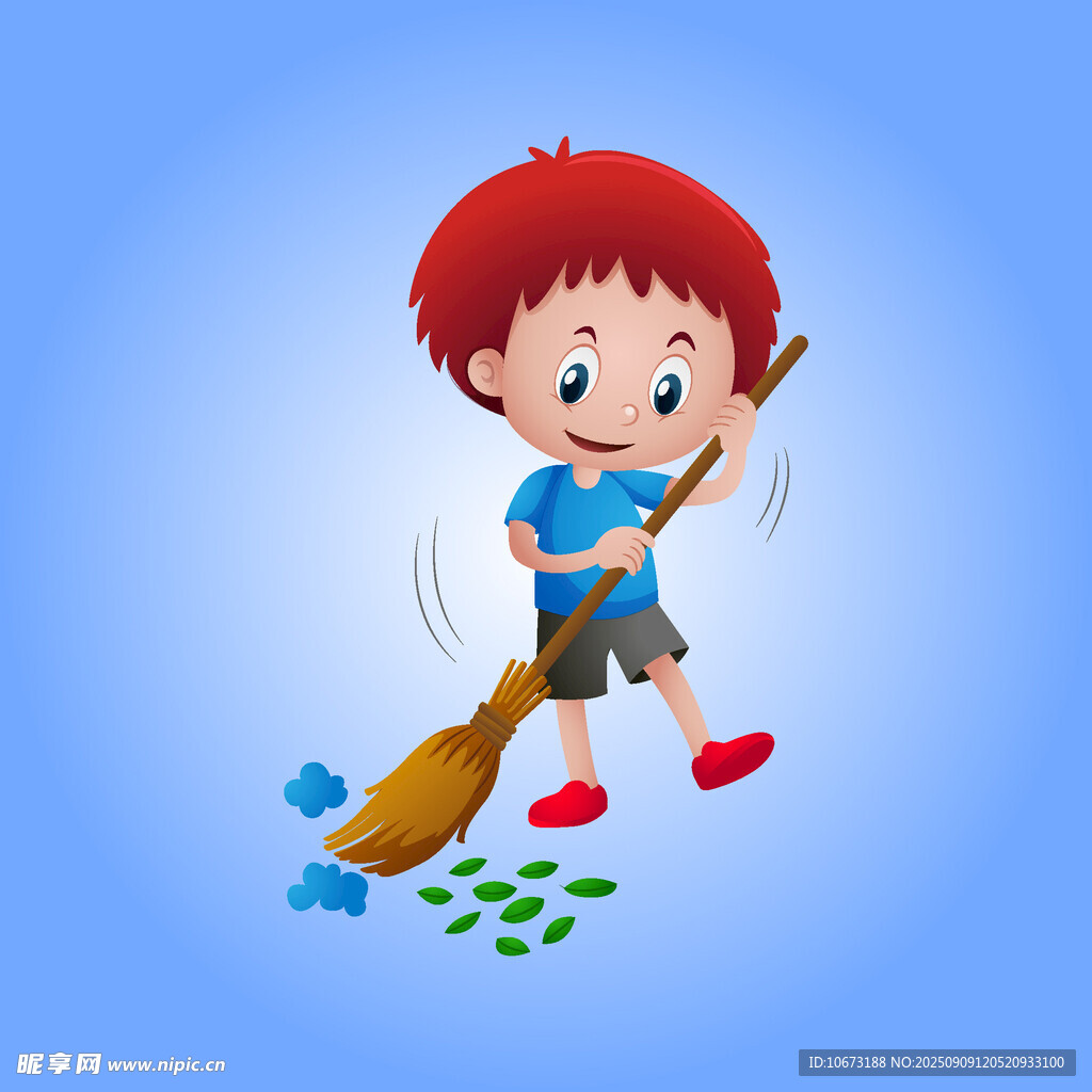 小男孩持扫帚清扫落叶