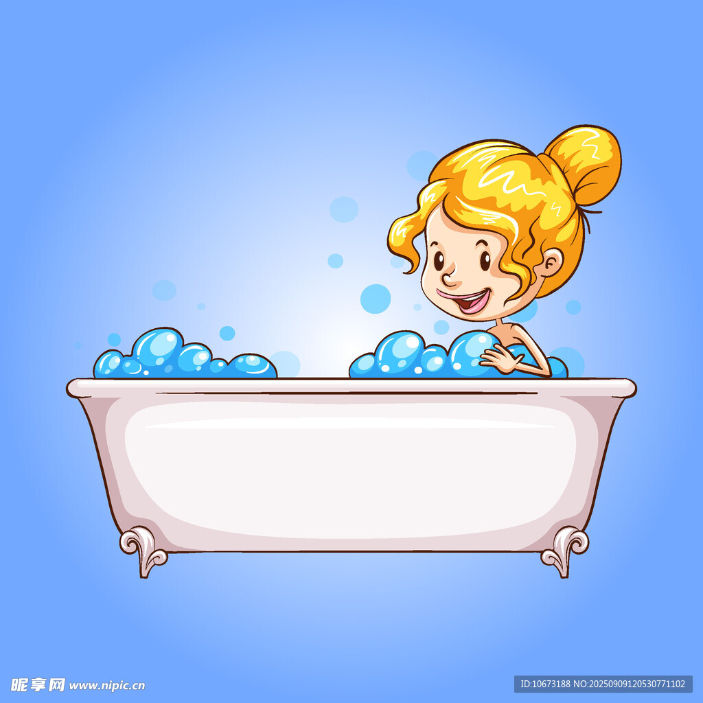 女孩愉快地在浴缸中泡澡