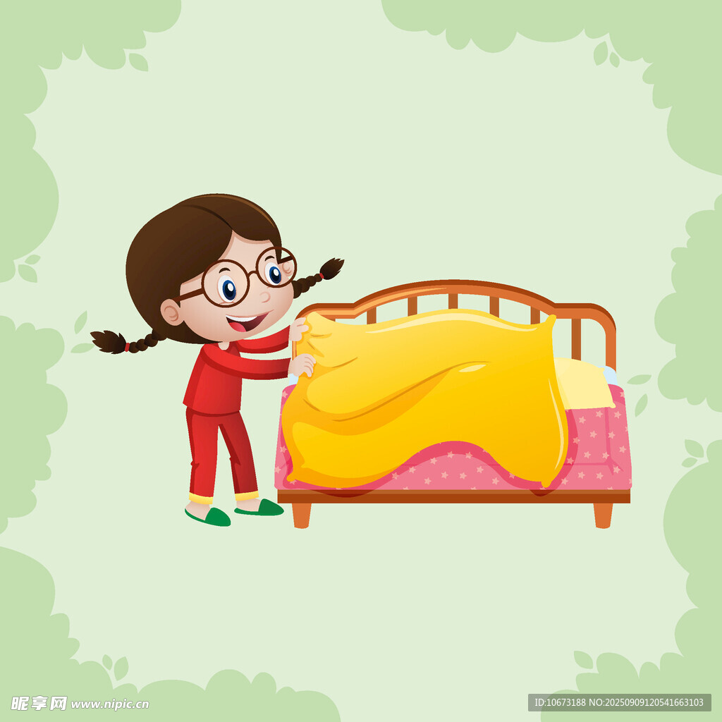 小女孩整理床铺