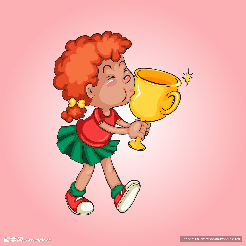 小女孩捧奖杯开心庆祝