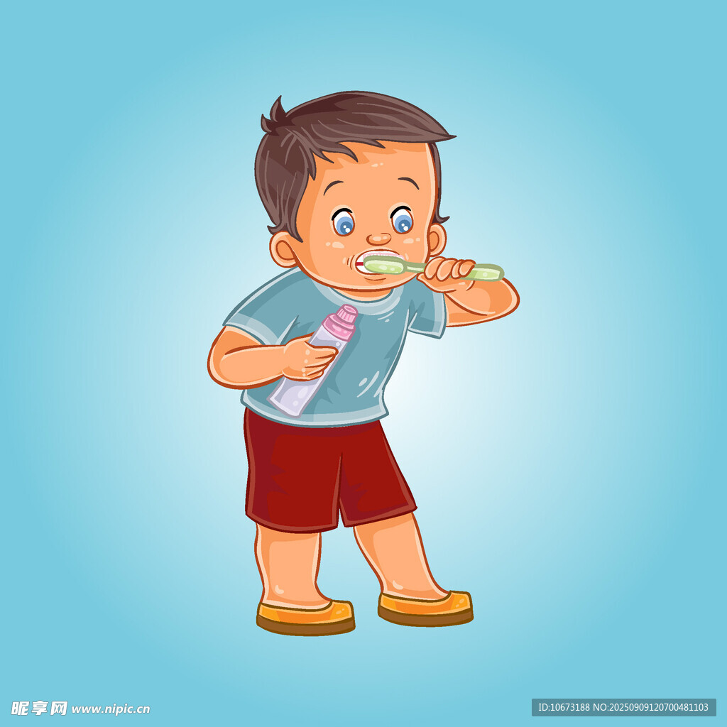 小男孩手持物品开心进食