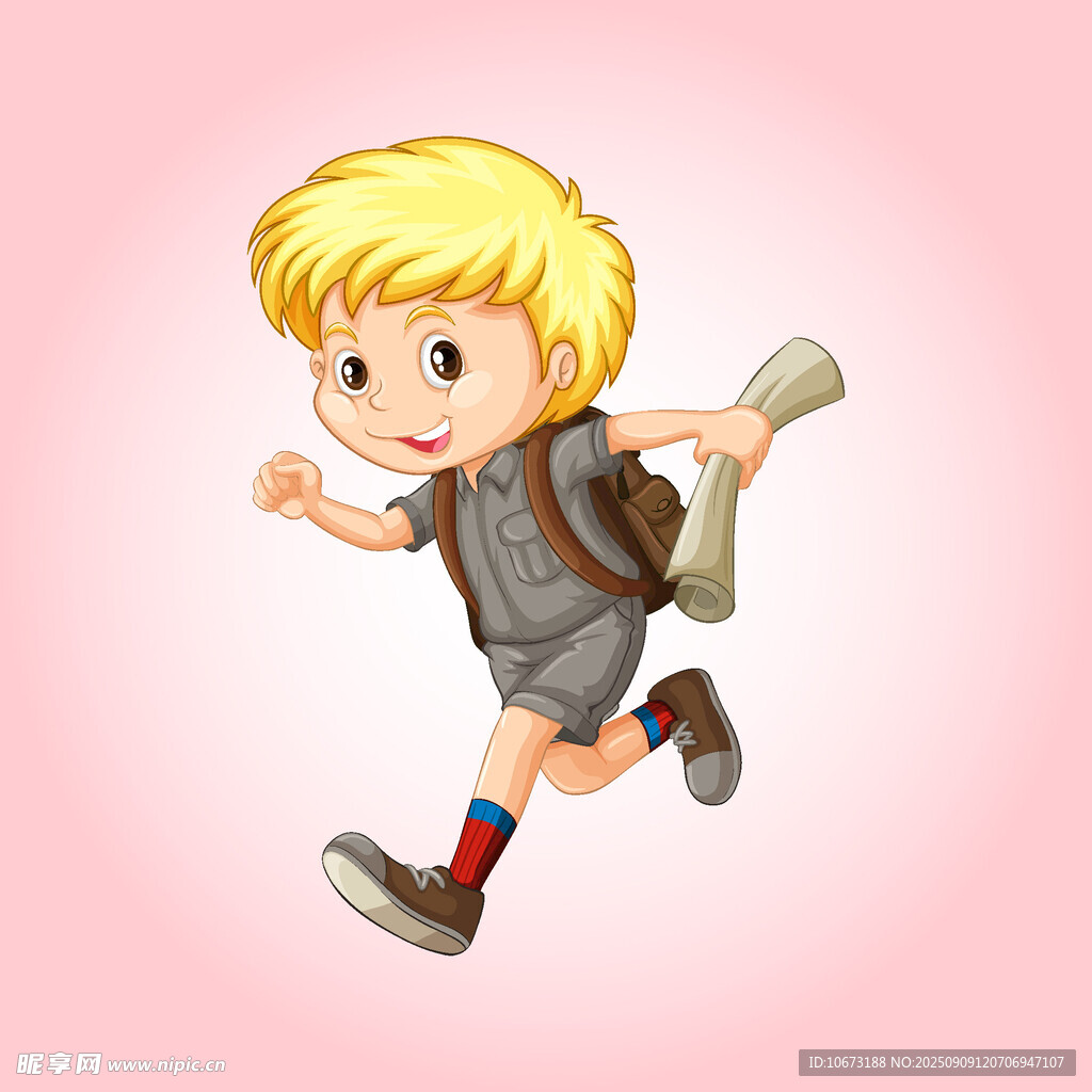 奔跑上学的金发小男孩