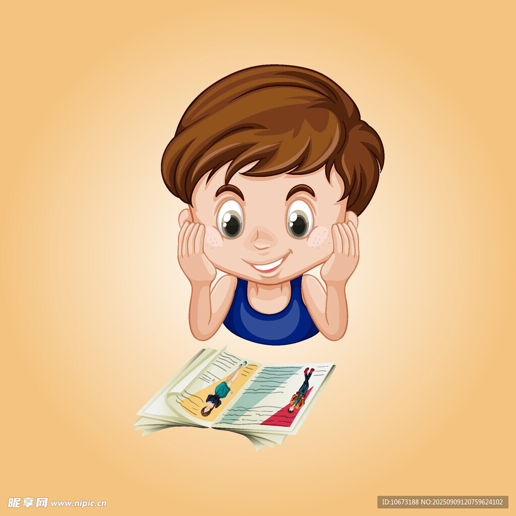 小男孩专注阅读彩色书籍