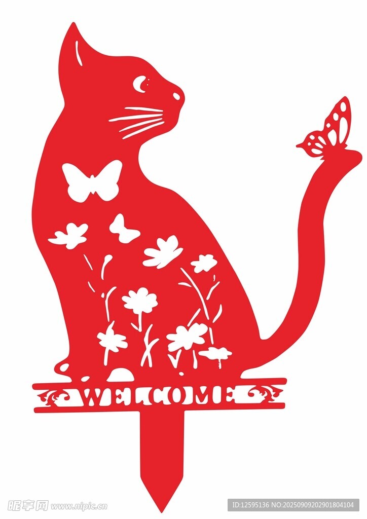红色猫咪与蝴蝶图案设计