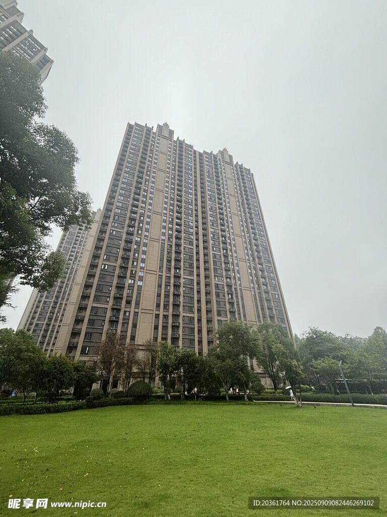 高层住宅旁的绿意草坪