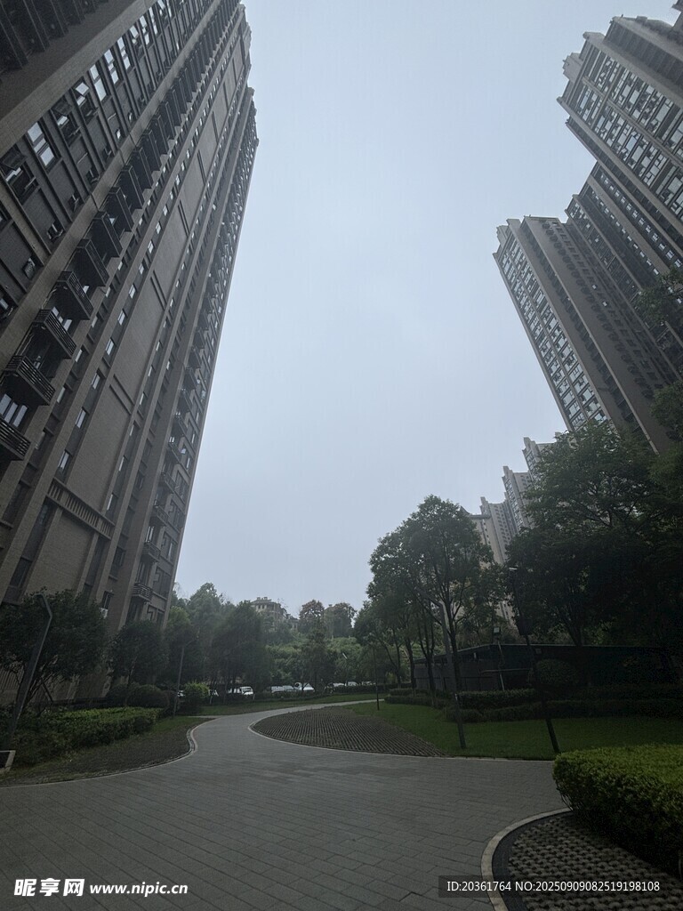 小区内的道路与高楼景观