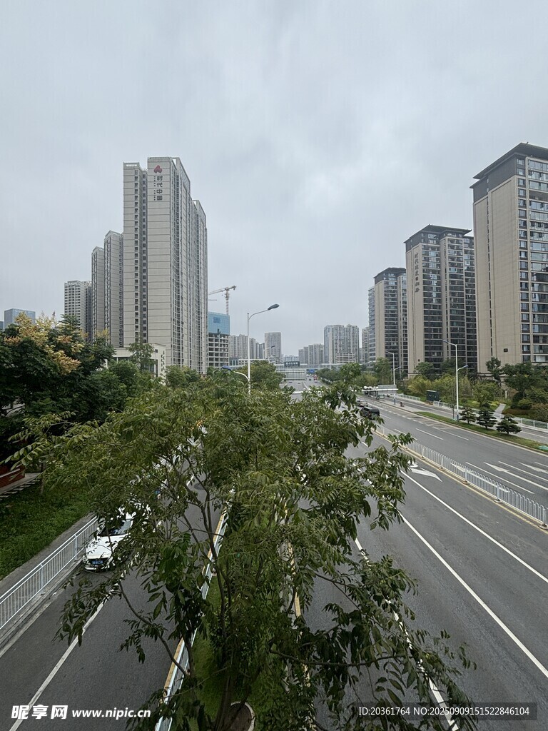 城市道路旁林立的高楼