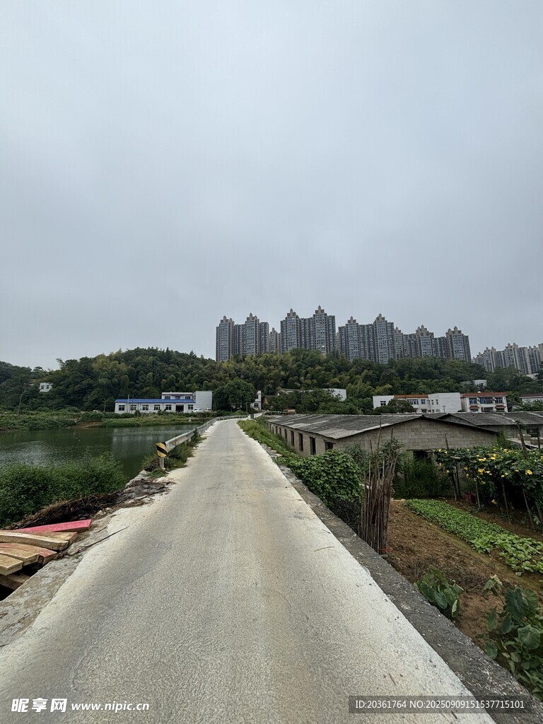 乡村水泥路通向远处建筑群