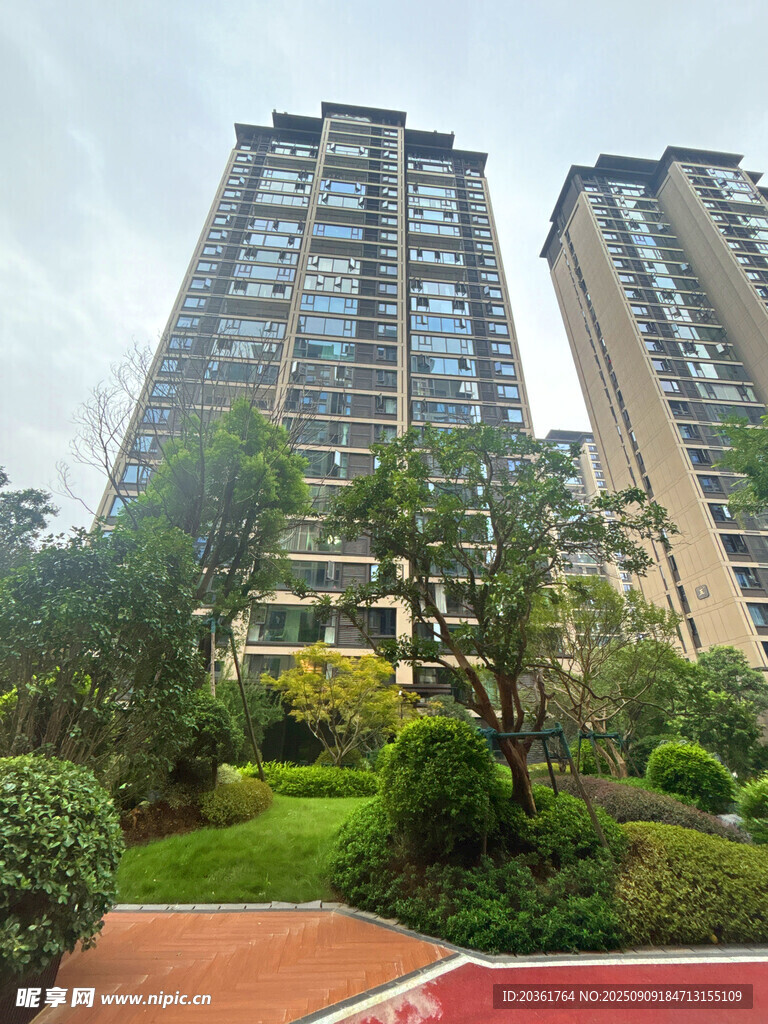 高层住宅旁的绿意景观