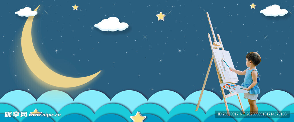 男孩夜观星空的梦幻场景