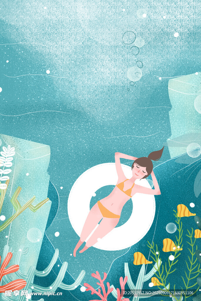 女孩海底漂浮的梦幻时刻