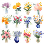 多彩花瓶插花水彩插画