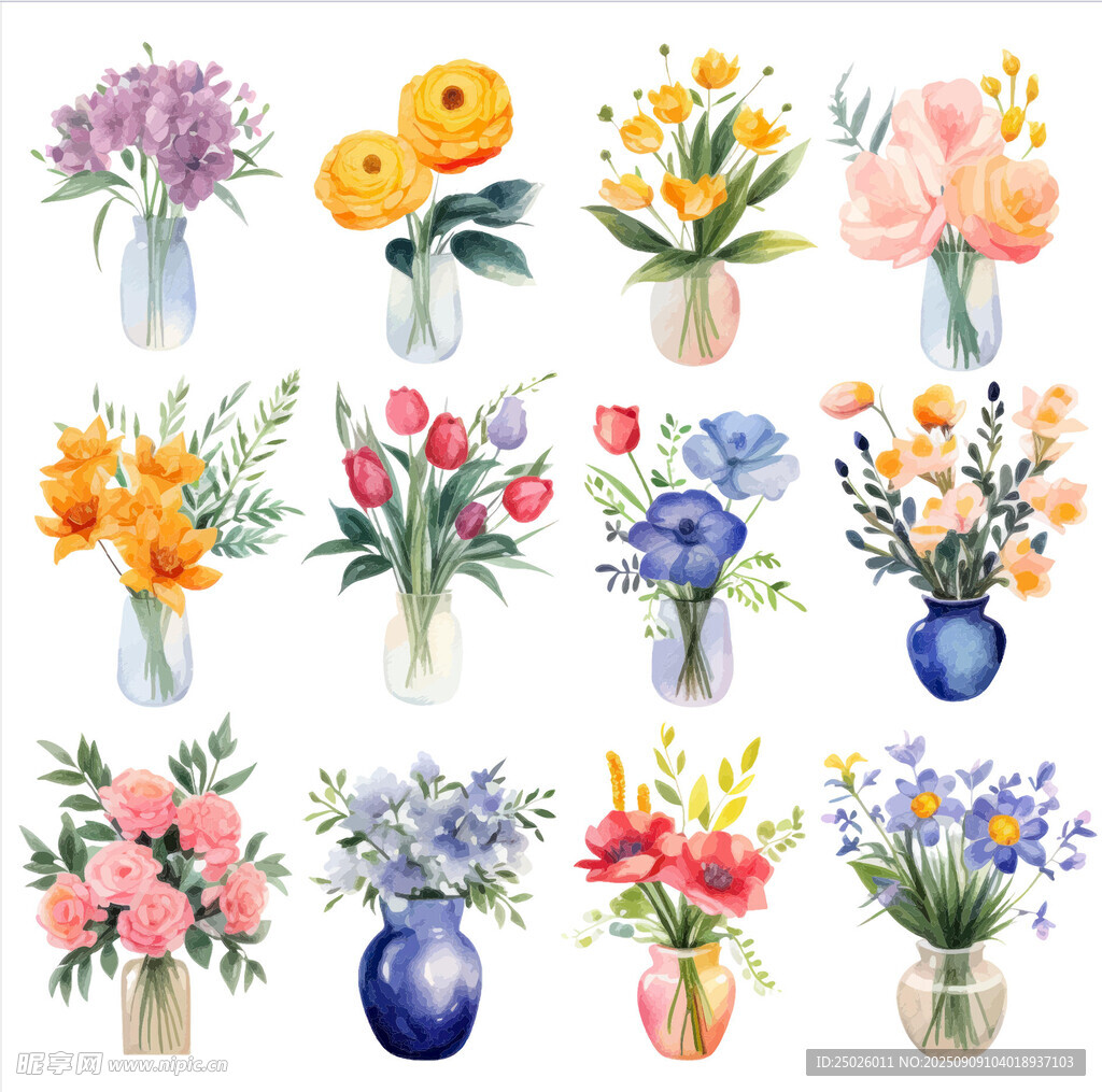 多彩花瓶插花水彩插画