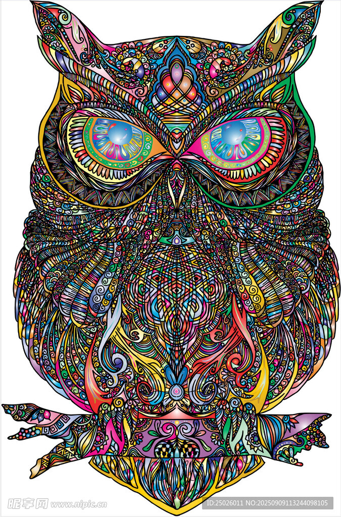彩色花纹猫头鹰艺术插画