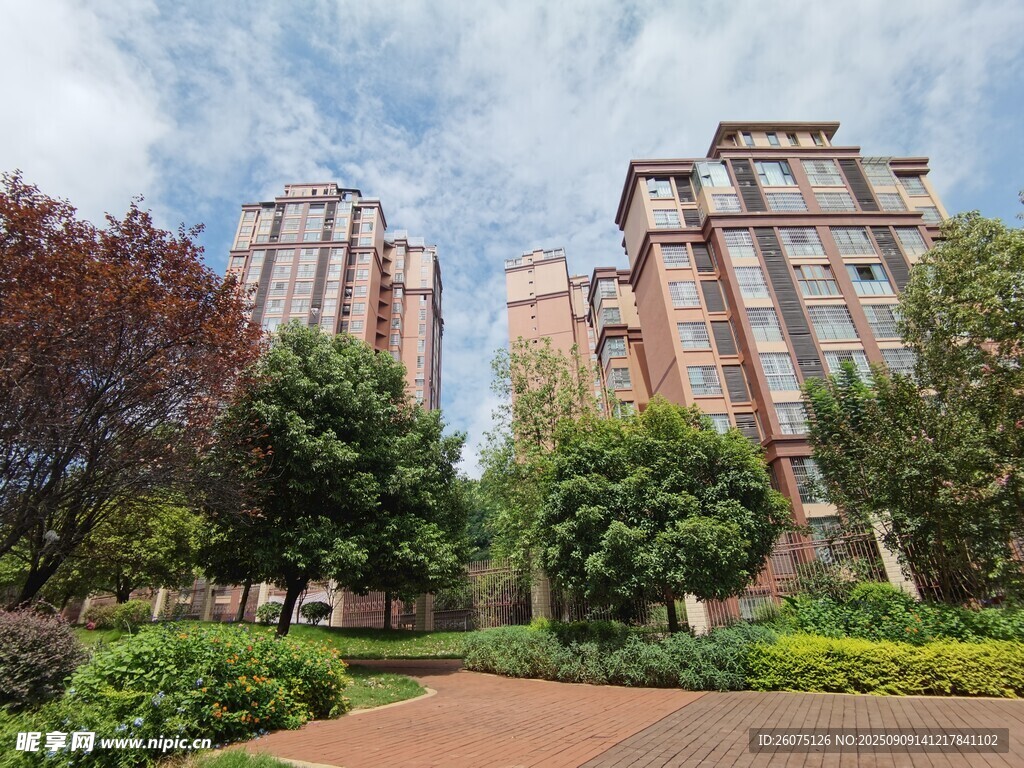 现代小区景观绿树环绕高楼
