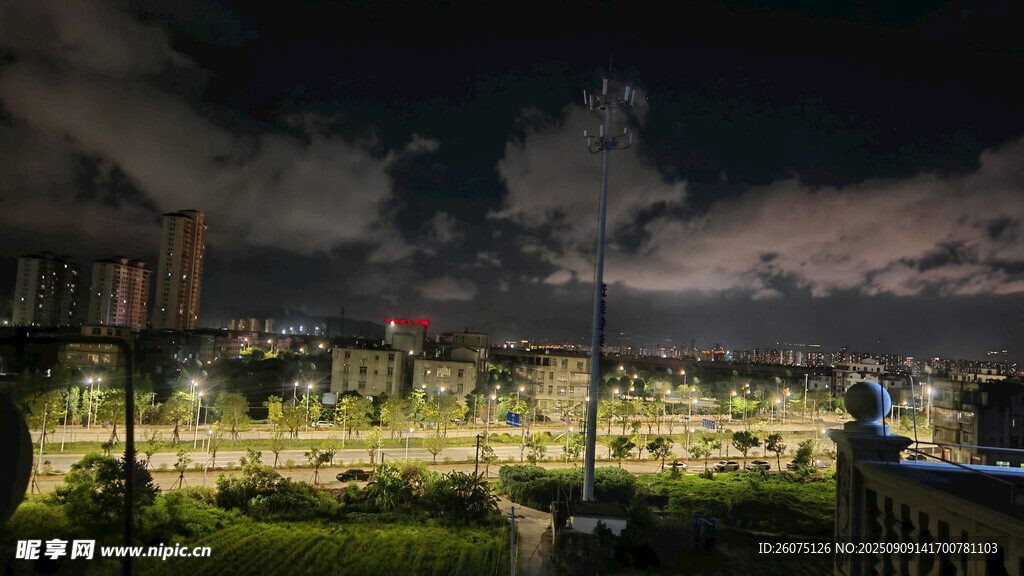 城市夜景下的开阔绿地景观