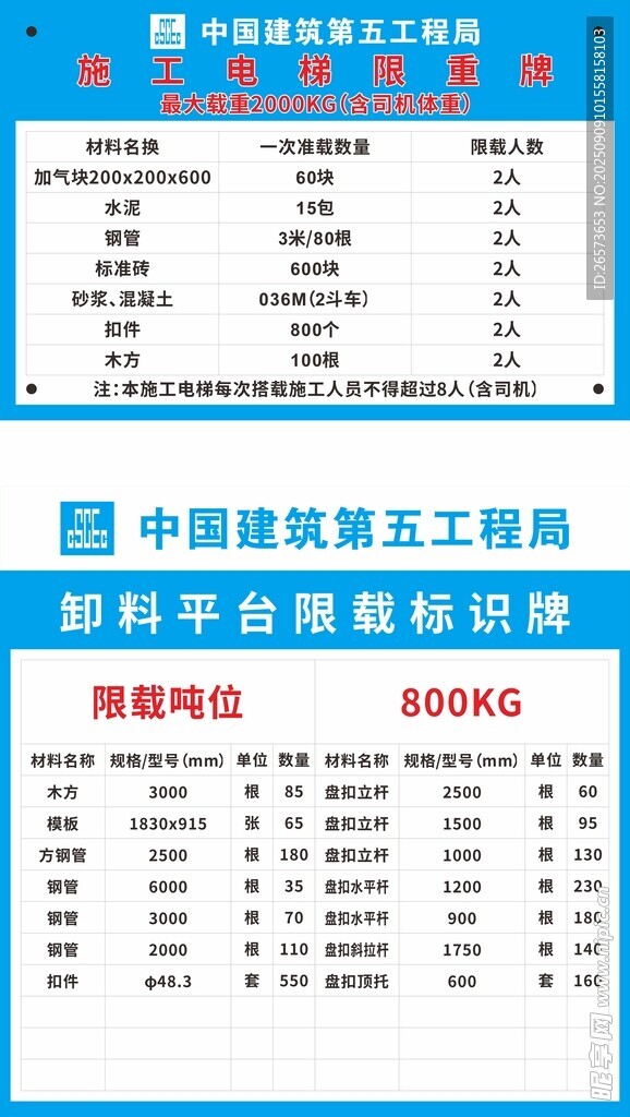电梯及卸料平台限重牌
