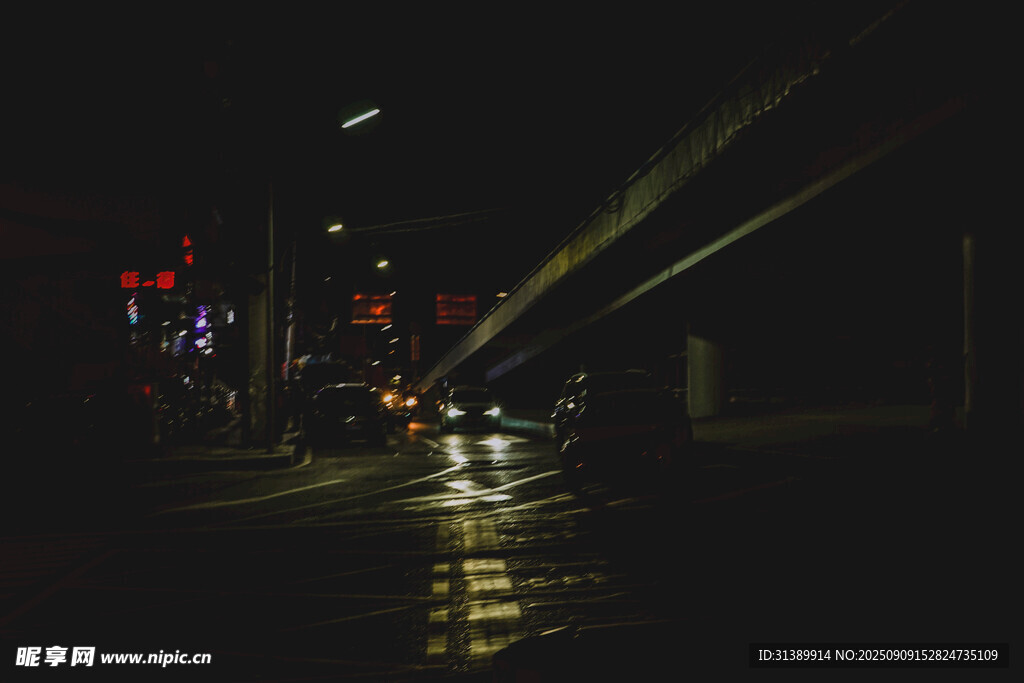 雨夜城市道路积水景象