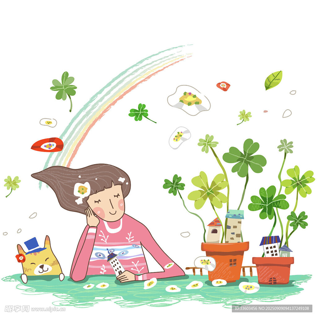 女孩惬意地在绿植旁玩耍