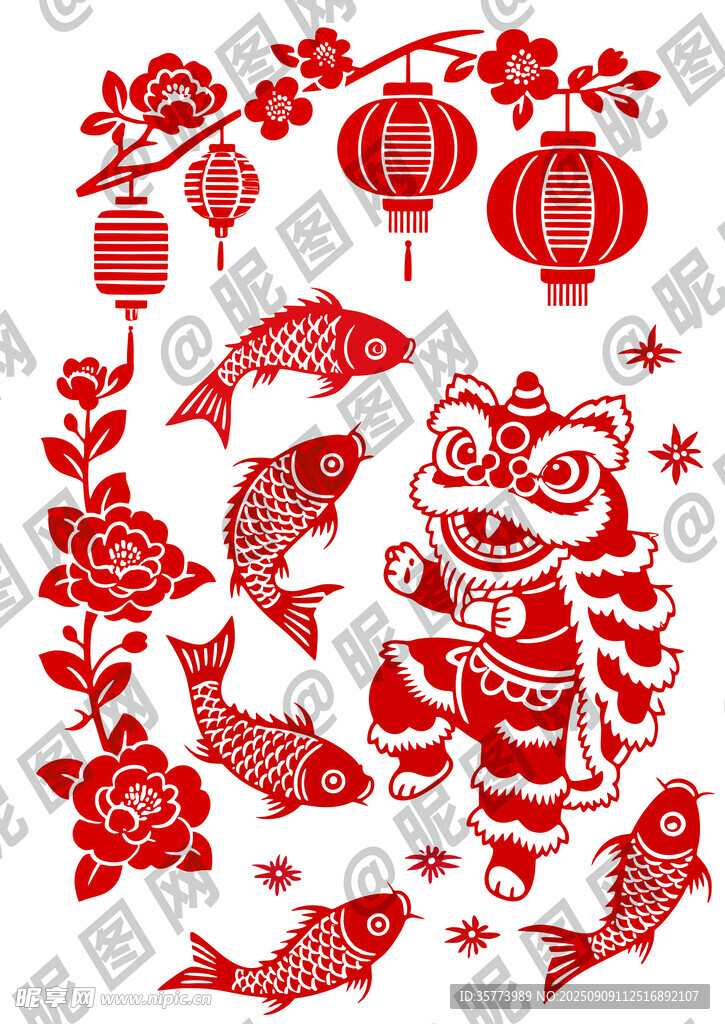 传统剪纸风喜庆新年装饰图案
