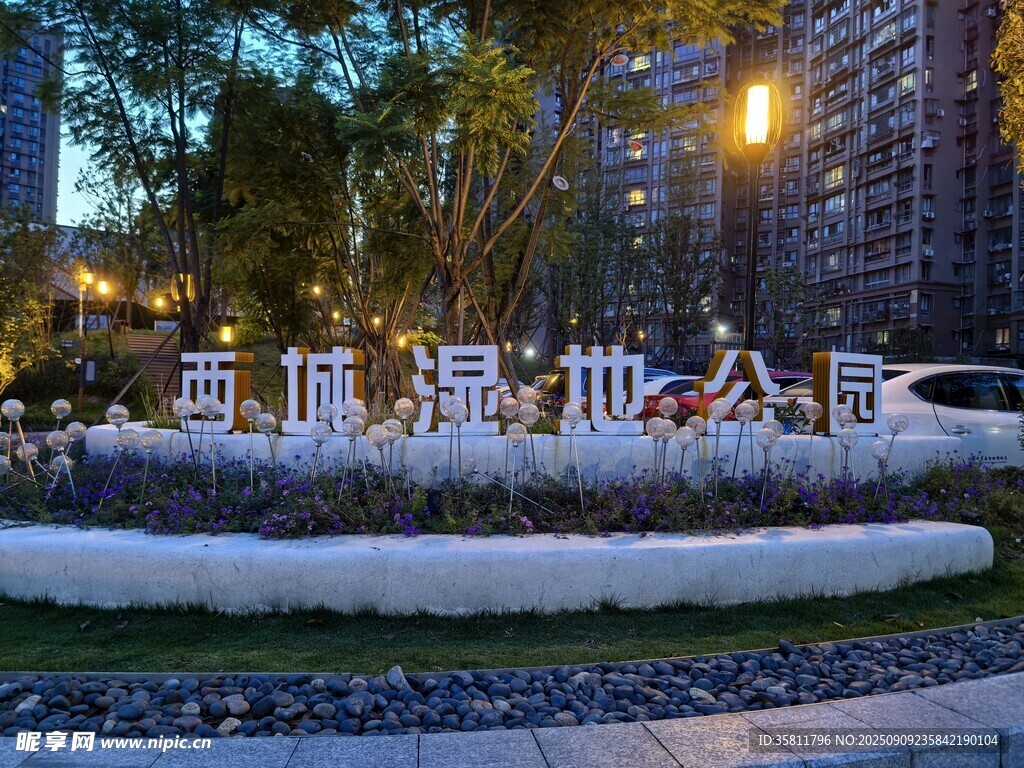 夜晚的苏河湾湿地公园