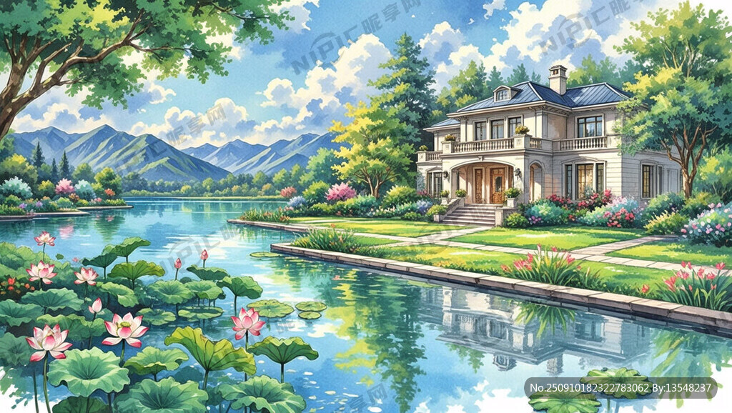 湖景    手绘风景画    