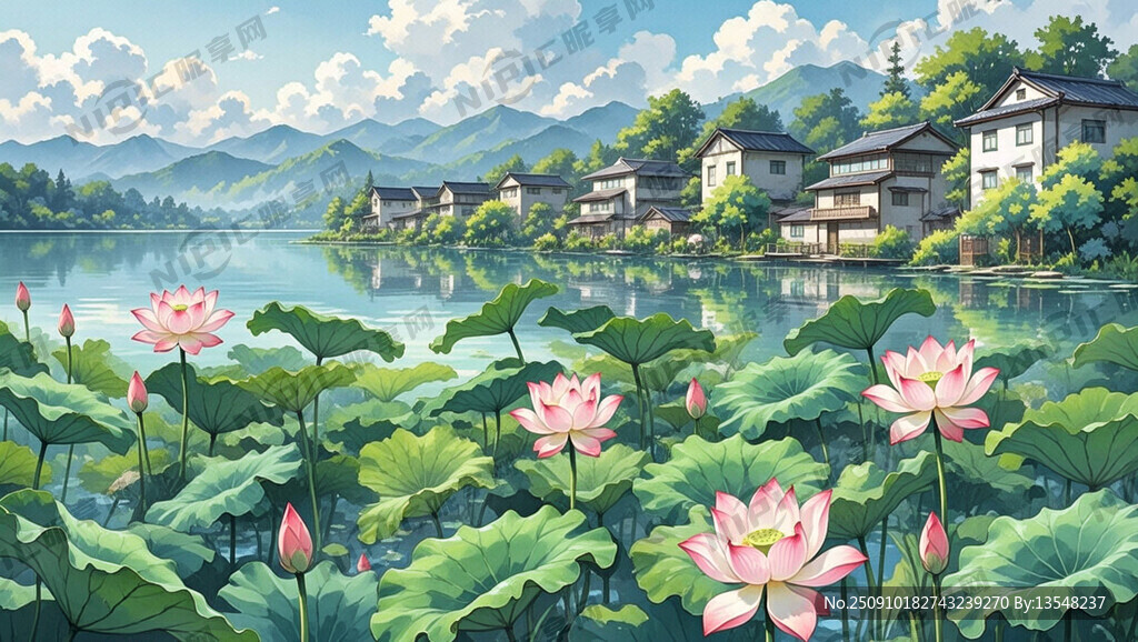 湖景 手绘风景画 楼房 