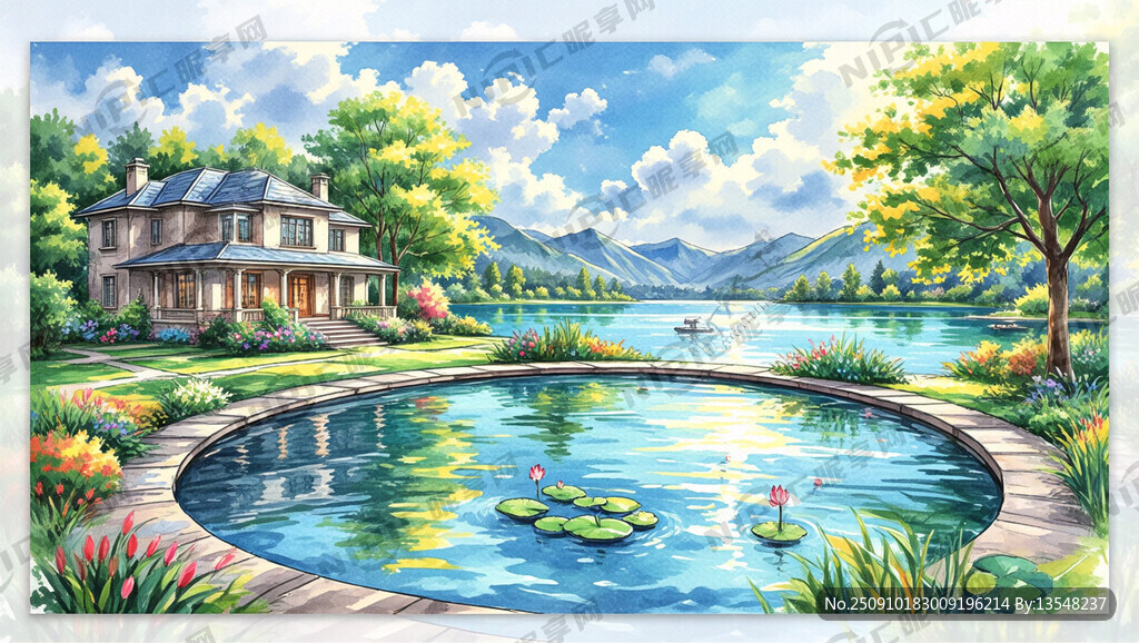 湖景 手绘风景画 别墅 