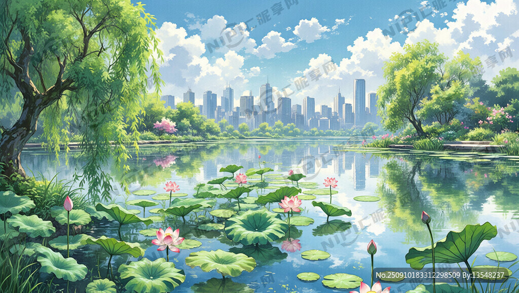 湖景 手绘风景画 城市  荷花