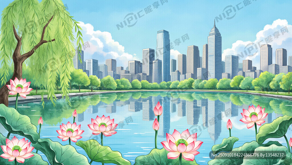 手绘风景画 城市  荷花 柳树