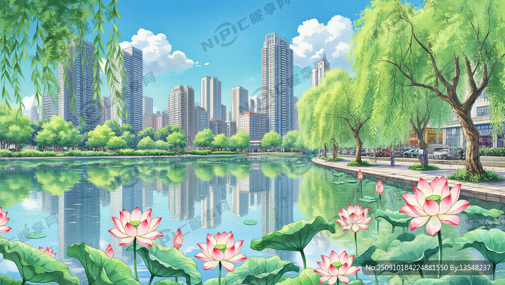 手绘风景画 城市  荷花 柳树