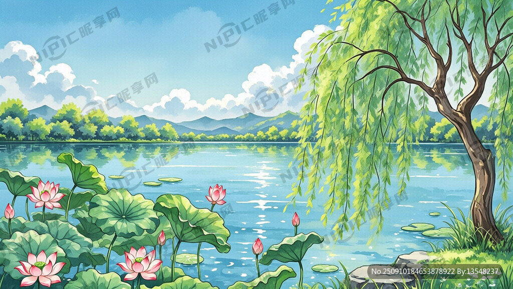 湖水   手绘风景画   柳树