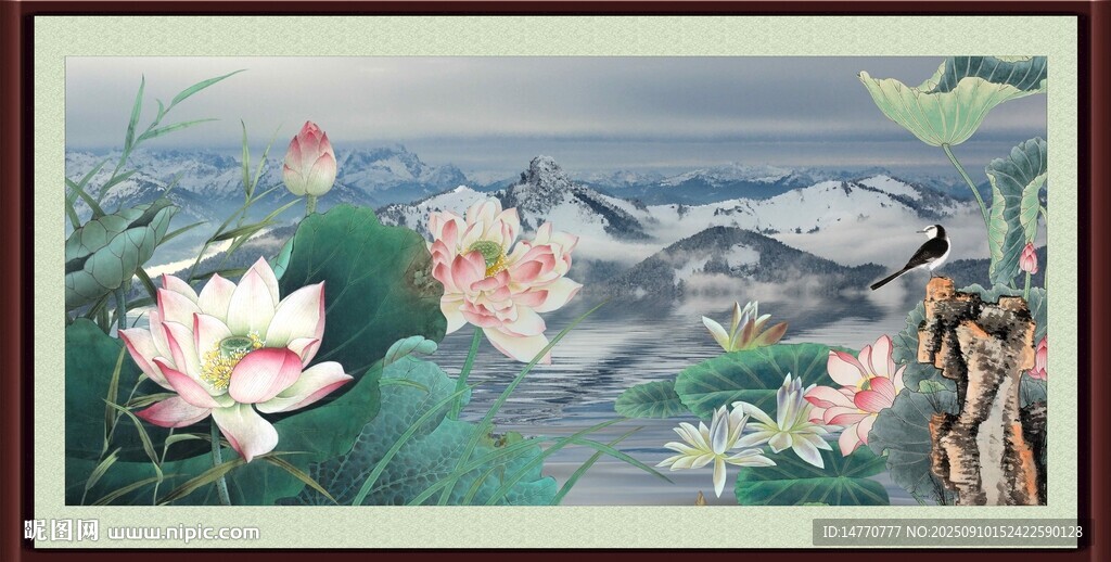 水墨荷花山水意境画作