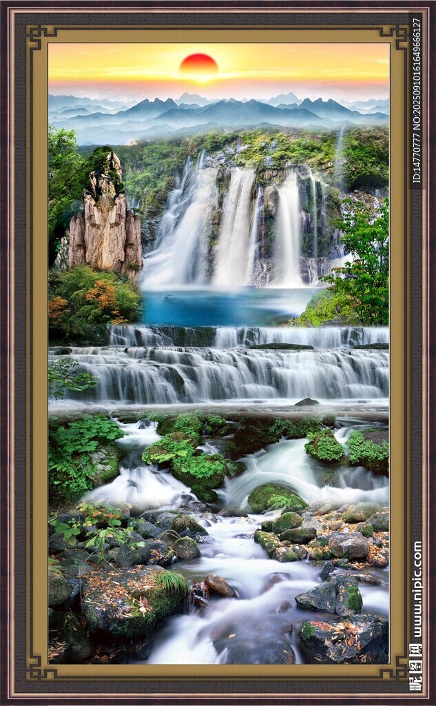 山水瀑布夕阳美景画作