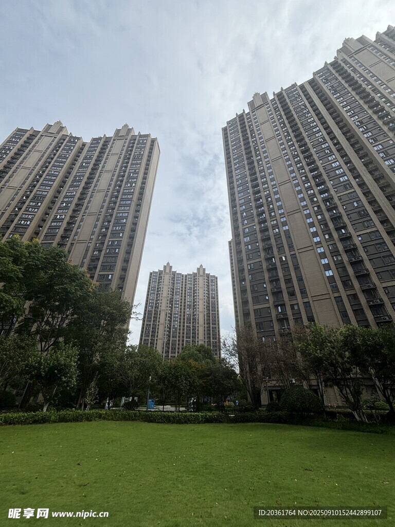 城市草坪旁的高层住宅楼