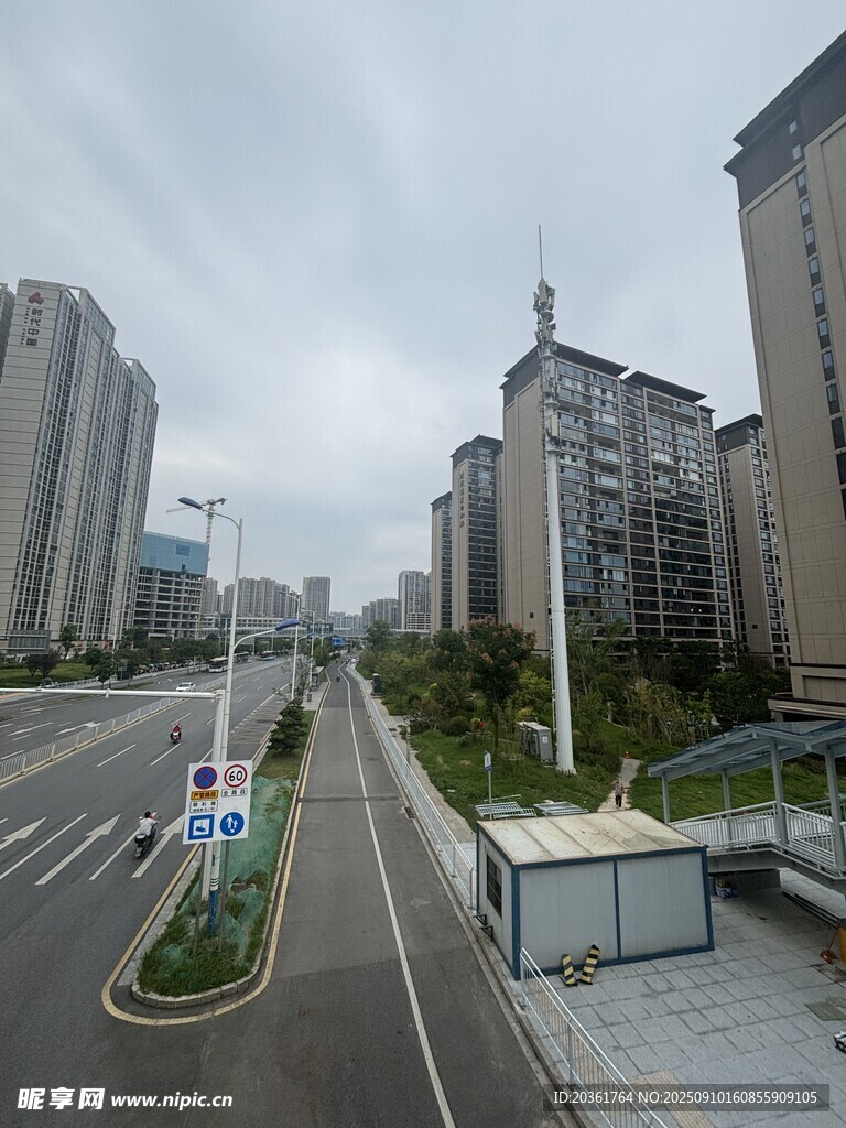 城市道路旁的高楼景观