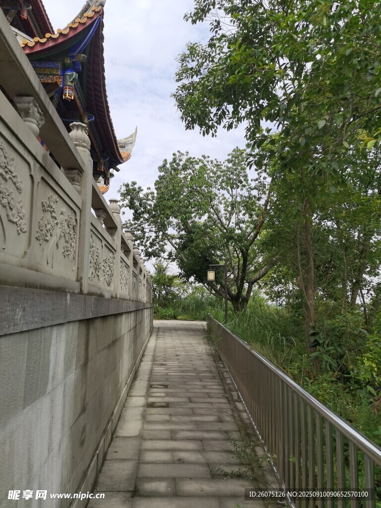 古建旁林荫步道