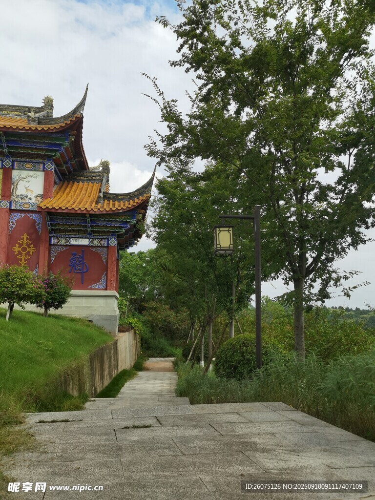 中式古建旁的林荫小道