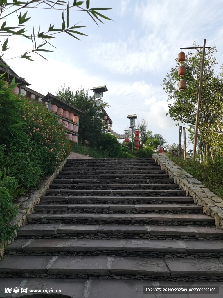 古朴石阶通往绿意景致