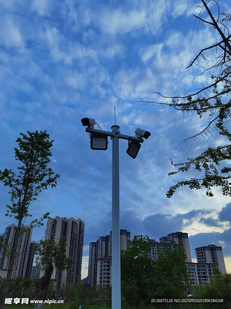 城市路灯与远处高楼景观