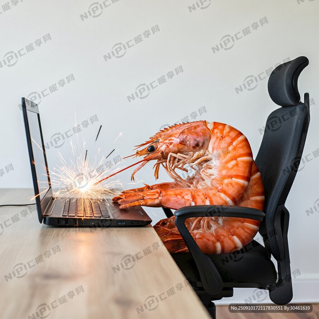 一只半人高的熟的大虾坐在电脑椅
