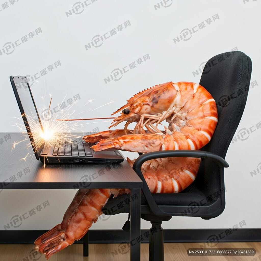 一只半人高的熟的大虾坐在电脑椅