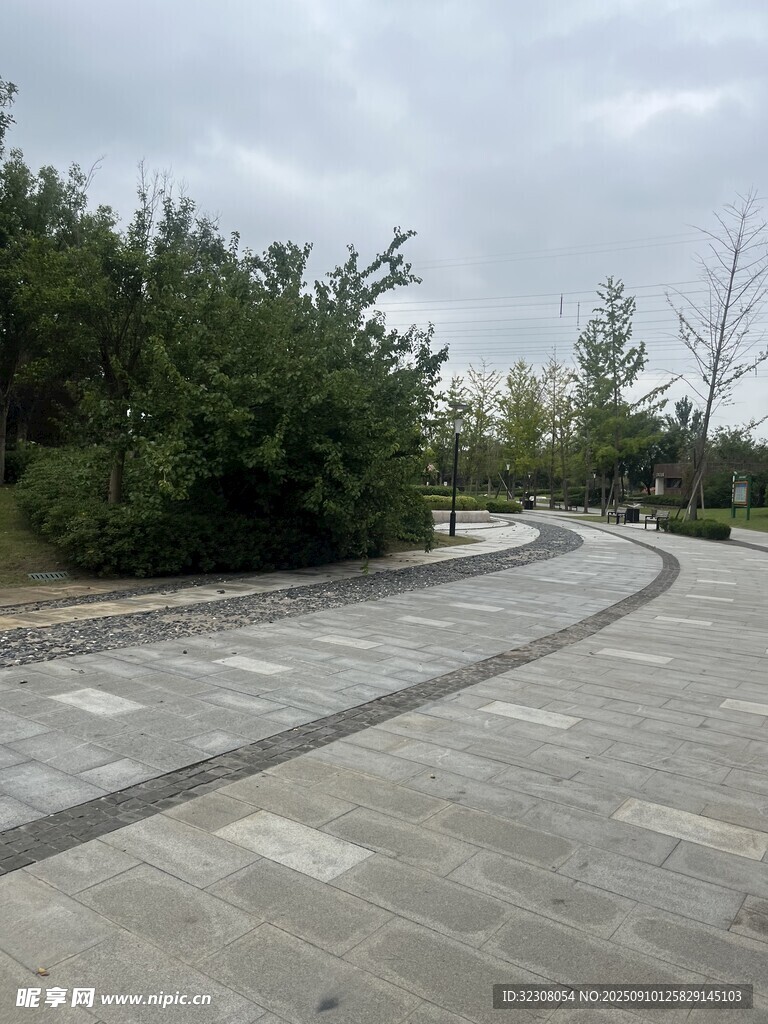 户外宽阔石板路与绿植