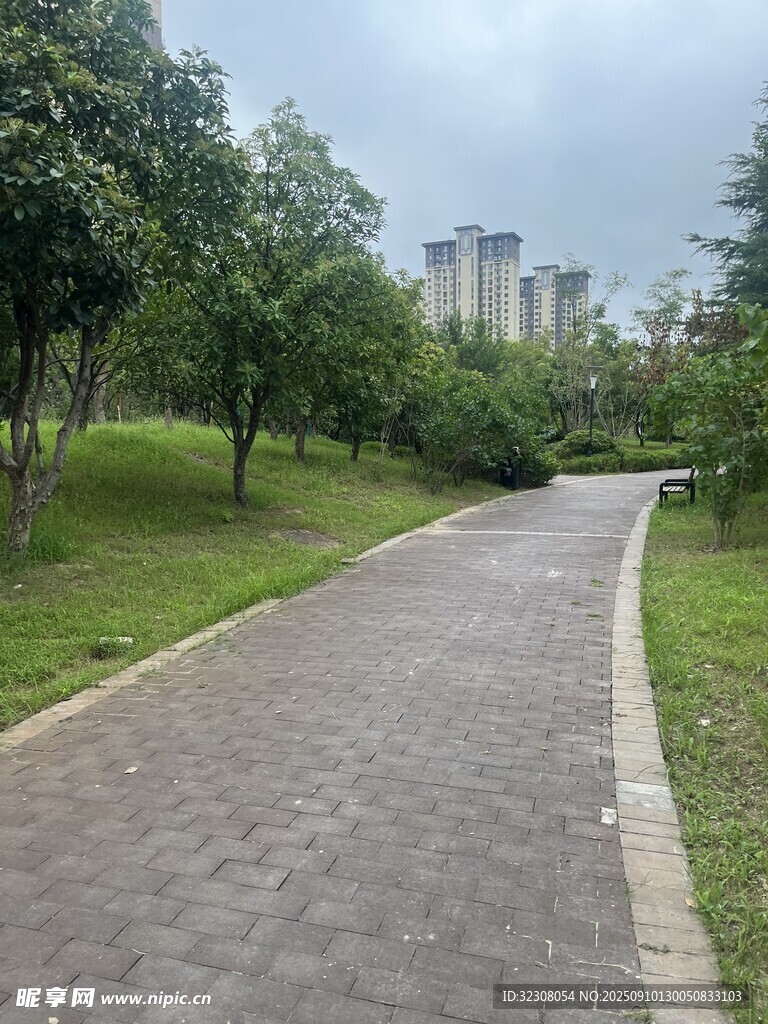 城市公园中的蜿蜒砖石小径