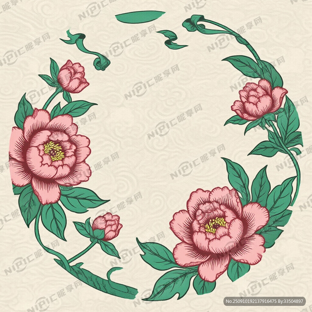 版画风格 牡丹花环绕圆形