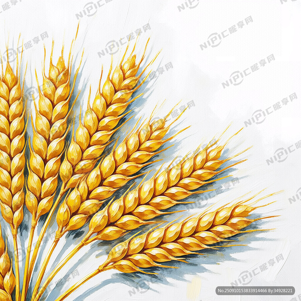 白底图 油画麦穗 饱满的麦麦粒