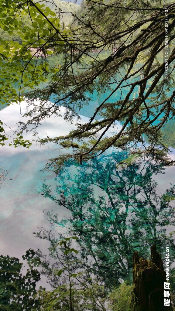山林间的澄澈蓝湖美景